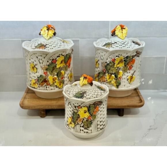 MCM Lefton Basketweave Autumn Leaves Canister Cookie Jar Set Japan 1960s Fall - Picture 1 of 10